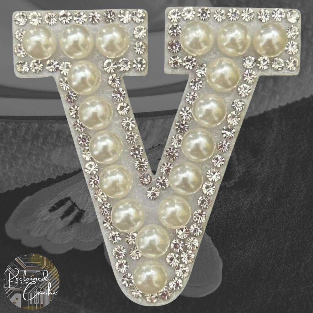 Letter V White Faux Pearl Iron On Patch
